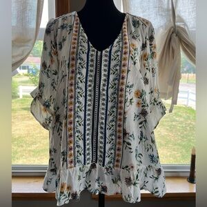 Boho Floral Ruffle Hem Women's Top - Cream with Yellow & Green